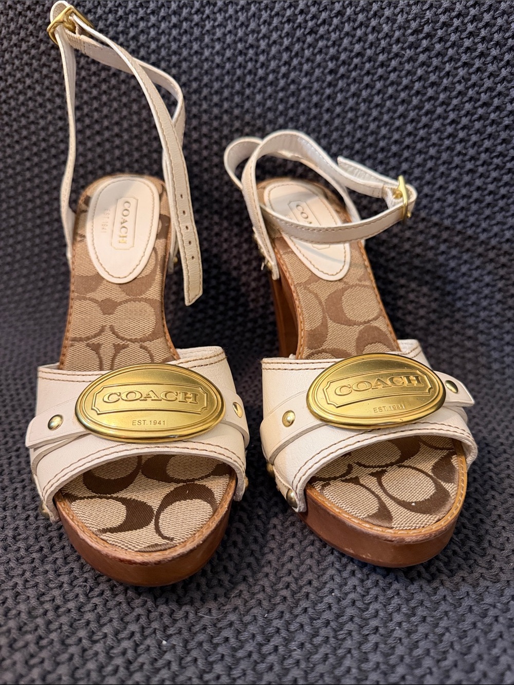 COACH Cream Signature Jacquard Platform Sandals with Gold Plaque